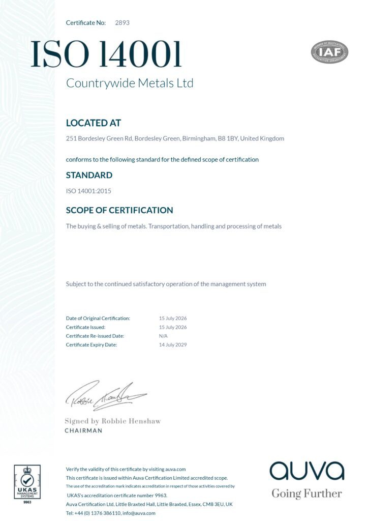 Countrywide Metals ISO 14001 certification announcement