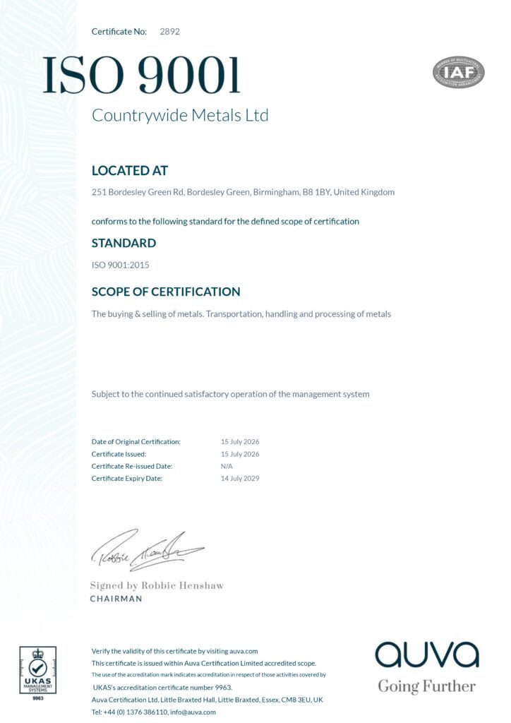 Countrywide Metals ISO 9001 certification announcement