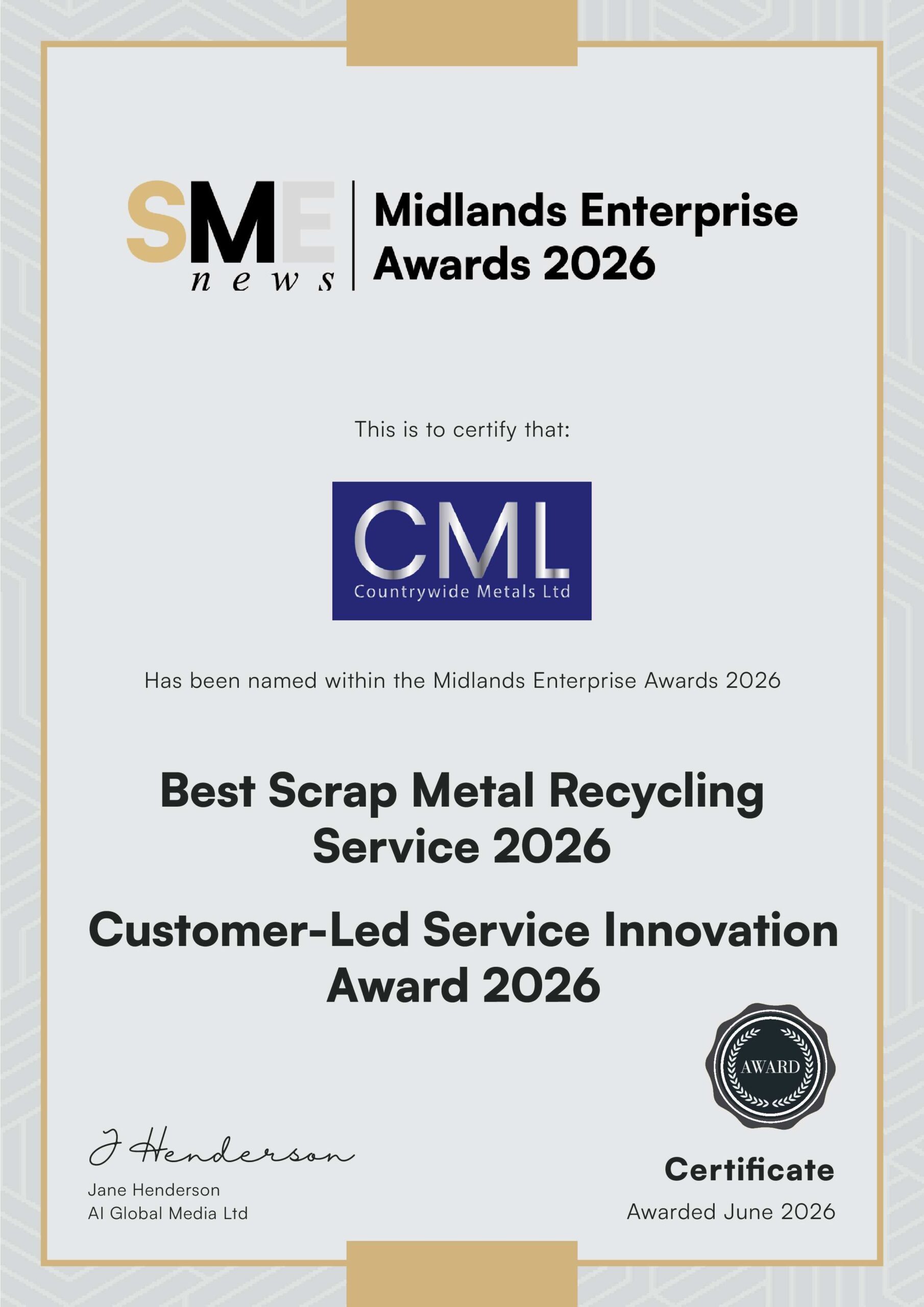 Countrywide Metals Ltd Midlands Enterprise Awards 2026 Certificate